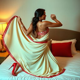 A seductive Assamese Ahom brothel actress with a sexy figure, showcasing big boobs and an enticing curvy backside, romantically engaged with her attractive boyfriend on a bed