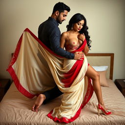 A seductive Assamese Ahom brothel actress with a sexy figure, showcasing big boobs and an enticing curvy backside, romantically engaged with her attractive boyfriend on a bed