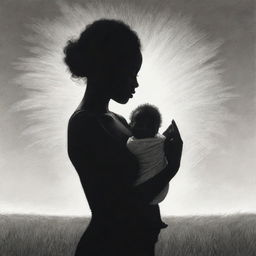 A touching sketch of an African American mother lovingly holding her newborn baby, their silhouette contrasting against the endless grass field under the vast sky.