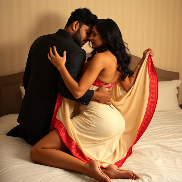 A stunning Assamese Ahom brothel actress with a sexy figure, showcasing big boobs and a curvaceous backside, passionately engaged with her hot boyfriend on a bed