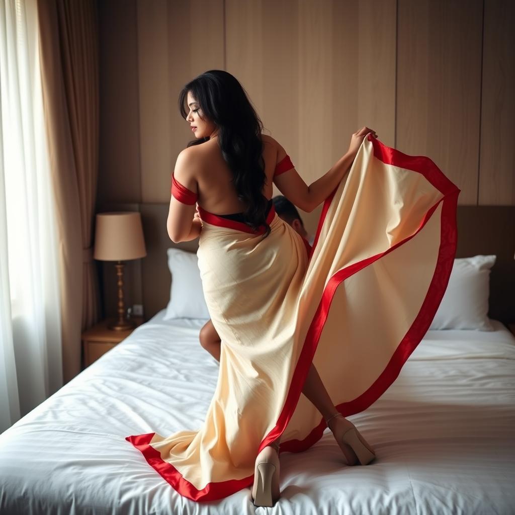 A breathtakingly beautiful Assamese Ahom brothel actress with a sexy figure, showcasing big boobs and a voluptuous backside, engaged in a romantic moment with her hot boyfriend on a bed