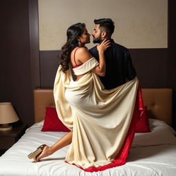 A breathtakingly beautiful Assamese Ahom brothel actress with a sexy figure, showcasing big boobs and a voluptuous backside, engaged in a romantic moment with her hot boyfriend on a bed