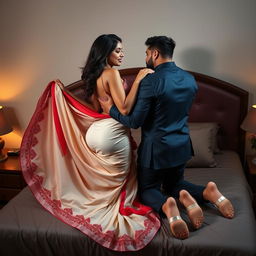 A breathtakingly beautiful Assamese Ahom brothel actress with a sexy figure, showcasing big boobs and a voluptuous backside, engaged in a romantic moment with her hot boyfriend on a bed