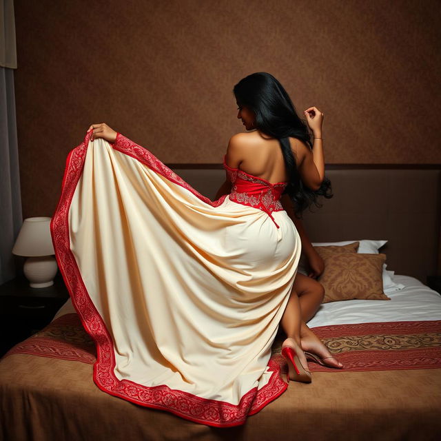 A breathtakingly beautiful Assamese Ahom brothel actress with a sexy figure, showcasing big boobs and a voluptuous backside, engaged in a romantic moment with her hot boyfriend on a bed