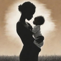 A touching sketch of an African American mother lovingly holding her newborn baby, their silhouette contrasting against the endless grass field under the vast sky.