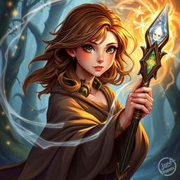 A young female sorceress with enchanting brown hair and captivating brown eyes, depicted in a vibrant fantasy Dungeons & Dragons style