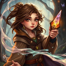 A young female sorceress with enchanting brown hair and captivating brown eyes, depicted in a vibrant fantasy Dungeons & Dragons style