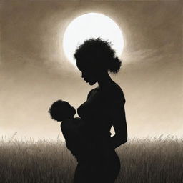 A touching sketch of an African American mother lovingly holding her newborn baby, their silhouette contrasting against the endless grass field under the vast sky.