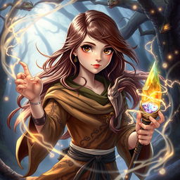 A young female sorceress with enchanting brown hair and captivating brown eyes, depicted in a vibrant fantasy Dungeons & Dragons style