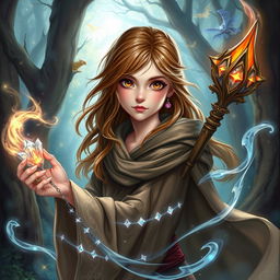 A young female sorceress with enchanting brown hair and captivating brown eyes, depicted in a vibrant fantasy Dungeons & Dragons style