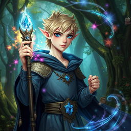 A young male half-elf wizard with bright blonde hair and striking blue eyes, clad in an intricate fantasy robe adorned with mystical symbols