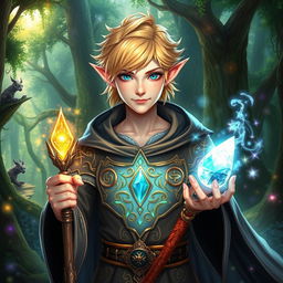 A young male half-elf wizard with bright blonde hair and striking blue eyes, clad in an intricate fantasy robe adorned with mystical symbols