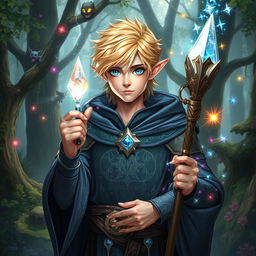 A young male half-elf wizard with bright blonde hair and striking blue eyes, clad in an intricate fantasy robe adorned with mystical symbols