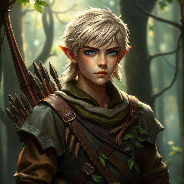 A young male half-elf ranger with fair hair and blue eyes, dressed in detailed fantasy attire suitable for a Dungeons & Dragons setting