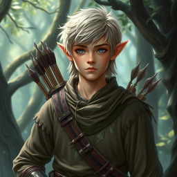 A young male half-elf ranger with fair hair and blue eyes, dressed in detailed fantasy attire suitable for a Dungeons & Dragons setting