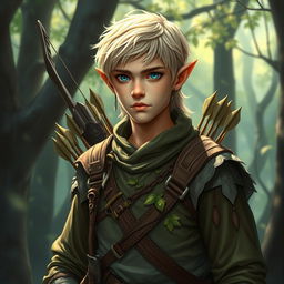 A young male half-elf ranger with fair hair and blue eyes, dressed in detailed fantasy attire suitable for a Dungeons & Dragons setting