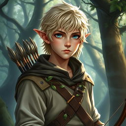 A young male half-elf ranger with fair hair and blue eyes, dressed in detailed fantasy attire suitable for a Dungeons & Dragons setting