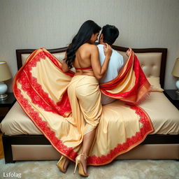 A breathtakingly beautiful Assamese brothel woman with a sexy figure, big boobs, and a defined backside, romantically engaged with her attractive boyfriend on a plush bed