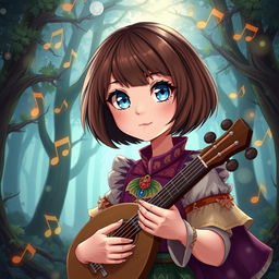 A fantasy-themed illustration of a girl with brown bobbed hair and striking blue eyes, dressed as a bard