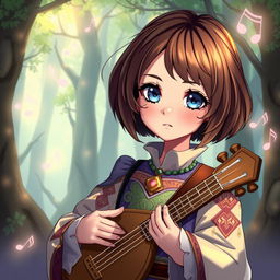 A fantasy-themed illustration of a girl with brown bobbed hair and striking blue eyes, dressed as a bard