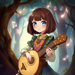 A fantasy-themed illustration of a girl with brown bobbed hair and striking blue eyes, dressed as a bard