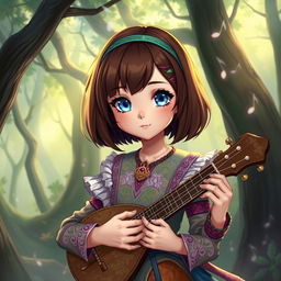 A fantasy-themed illustration of a girl with brown bobbed hair and striking blue eyes, dressed as a bard