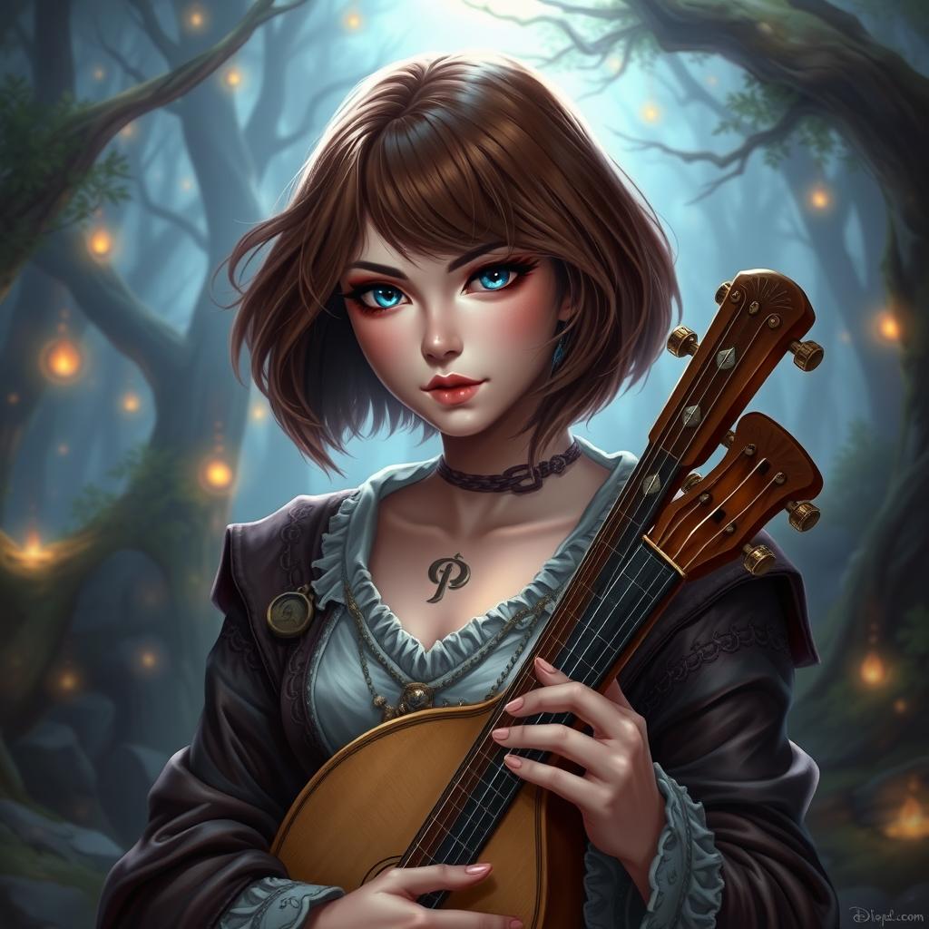 A stunning fantasy artwork featuring a woman with long brown bob hair and striking blue eyes