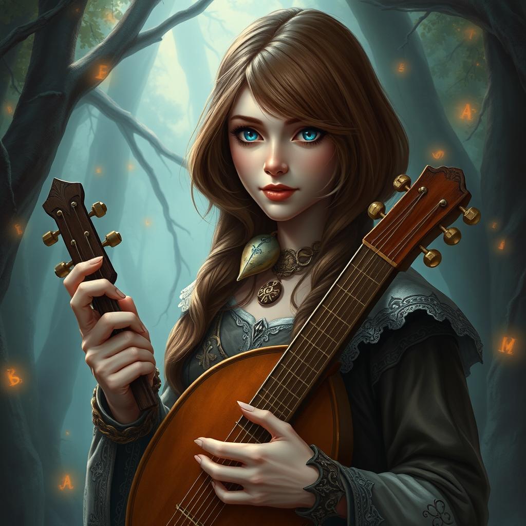 A stunning fantasy artwork featuring a woman with long brown bob hair and striking blue eyes