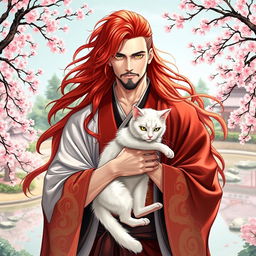 A handsome and powerful man with flowing long red hair and striking yellow eyes, elegantly dressed in traditional kimonos that drape gracefully around him