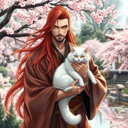 A handsome and powerful man with flowing long red hair and striking yellow eyes, elegantly dressed in traditional kimonos that drape gracefully around him