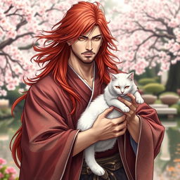 A handsome and powerful man with flowing long red hair and striking yellow eyes, elegantly dressed in traditional kimonos that drape gracefully around him