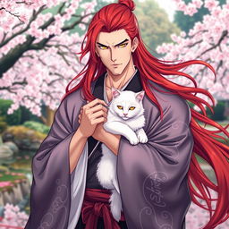 A handsome and powerful man with flowing long red hair and striking yellow eyes, elegantly dressed in traditional kimonos that drape gracefully around him