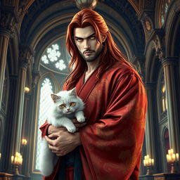 A handsome, powerful man with long red hair and striking yellow eyes, dressed elegantly in a richly detailed kimono, stands confidently in the grand interior of a fantasy castle