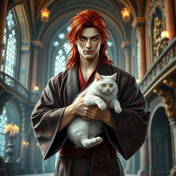 A handsome, powerful man with long red hair and striking yellow eyes, dressed elegantly in a richly detailed kimono, stands confidently in the grand interior of a fantasy castle