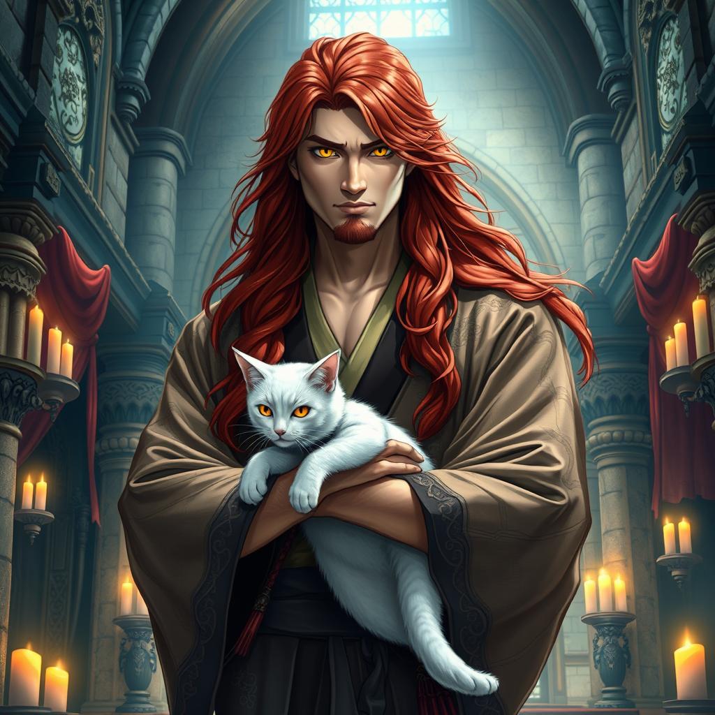 A handsome, powerful man with long, flowing red hair and striking yellow eyes, dressed in ornate kimonos, standing confidently within a magnificent fantasy castle interior