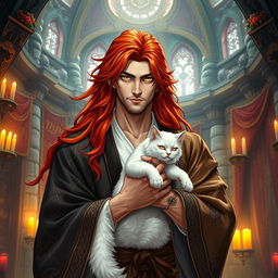 A handsome, powerful man with long, flowing red hair and striking yellow eyes, dressed in ornate kimonos, standing confidently within a magnificent fantasy castle interior