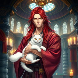 A handsome, powerful man with long, flowing red hair and striking yellow eyes, dressed in ornate kimonos, standing confidently within a magnificent fantasy castle interior