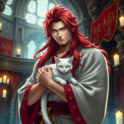 A handsome, powerful man with long, flowing red hair and striking yellow eyes, dressed in ornate kimonos, standing confidently within a magnificent fantasy castle interior