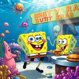 A vibrant underwater scene depicting SpongeBob SquarePants in his daily routine