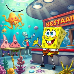 A vibrant underwater scene depicting SpongeBob SquarePants in his daily routine