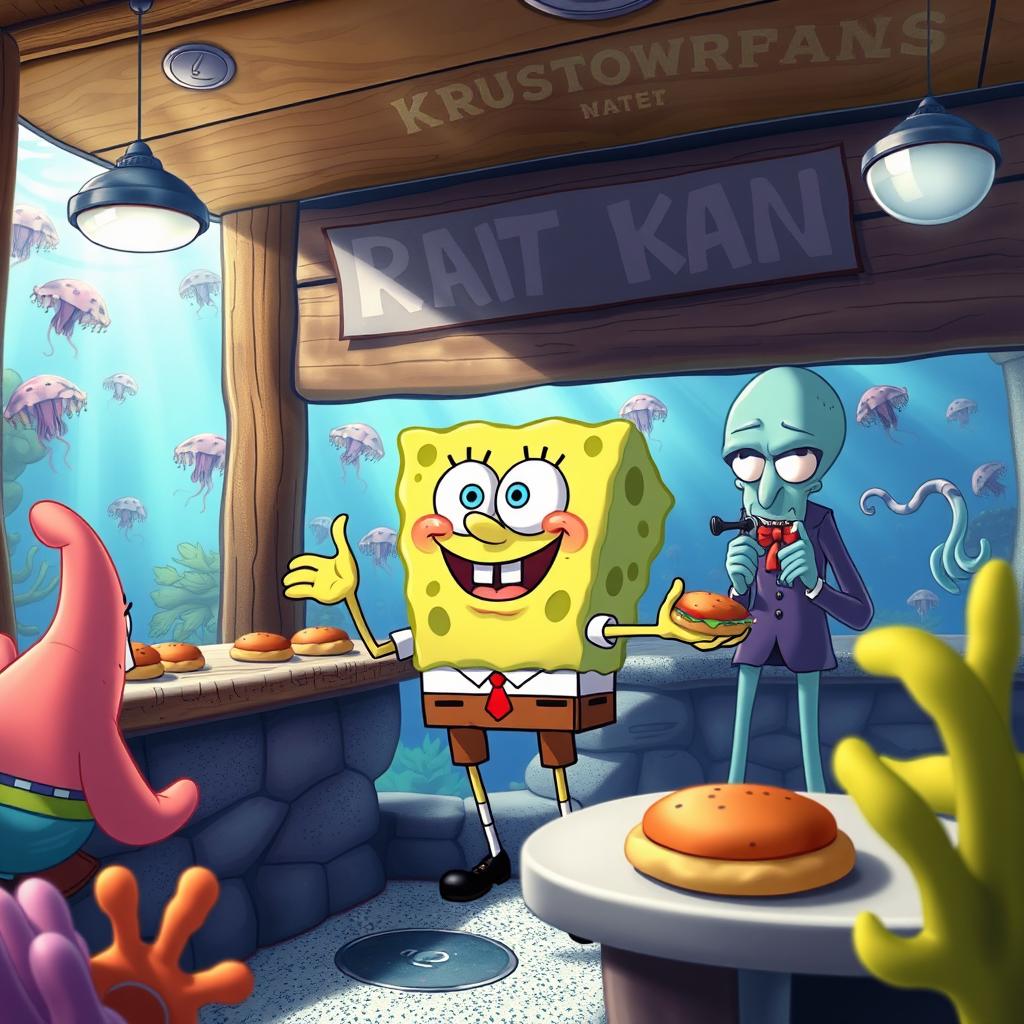 A vibrant underwater scene depicting SpongeBob SquarePants in his daily routine