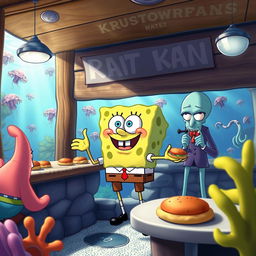 A vibrant underwater scene depicting SpongeBob SquarePants in his daily routine