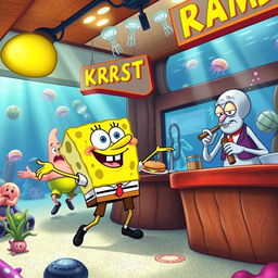 A vibrant underwater scene depicting SpongeBob SquarePants in his daily routine