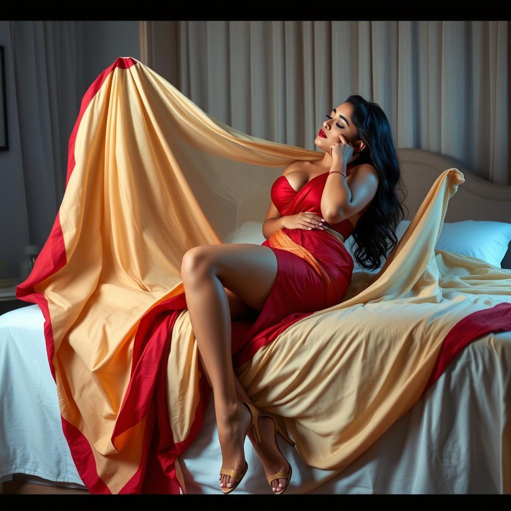 A sultry Assamese woman with an alluring figure, big breasts, and a voluptuous silhouette romantically engaged with her boyfriend on a bed