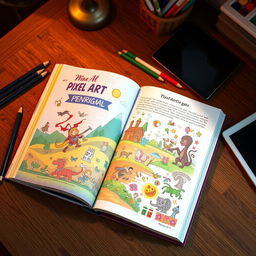 A vibrant, colorful pixel art book with pixelated illustrations and a variety of pixel art styles displayed on its pages