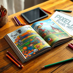 A vibrant, colorful pixel art book with pixelated illustrations and a variety of pixel art styles displayed on its pages