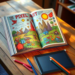 A vibrant, colorful pixel art book with pixelated illustrations and a variety of pixel art styles displayed on its pages