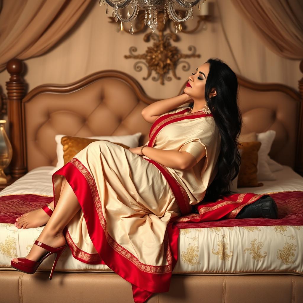 A sensuous Assamese woman with voluptuous features, including big breasts and a curvy figure, engaging in romantic and intimate moments with her boyfriend on a lavishly decorated bed