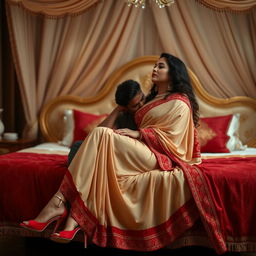 A sensuous Assamese woman with voluptuous features, including big breasts and a curvy figure, engaging in romantic and intimate moments with her boyfriend on a lavishly decorated bed