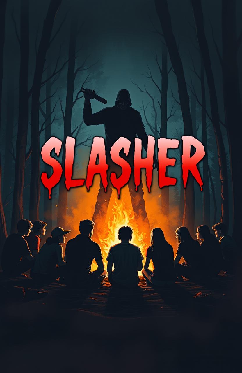 A slasher teen horror cover page featuring 15 characters sitting around a campfire in a dark forest, all depicted as silhouettes illuminated by the warm glow of the fire